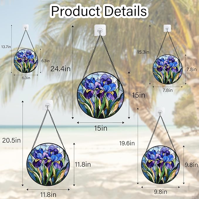 CRISGIF Stained Glass Window Hanging - Blue Purple Iris Flower Suncatcher for Door Garden Patio Sun Catchers Decor Christmas Mother's Day Birthday Gifts for Women Men Mom Nana Aunt Friend 7.8 in