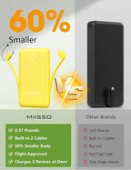 miisso 10000mAh Mini Portable Charger with Built in Cable, Pocket Size Power Bank Travel External Battery Pack for Phone, 3 Output USB Type C Cord Clutch Compatible with iPhone, Samsung, Yellow