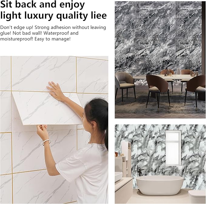 Wall Panels Peel and Stick，PVC Imitation Artificial Marble Tiles Sticker，10 pcs 23.6" L x 11.8" W，Heat-Resistant Backsplash Tile，Ideal for Kitchen Bathrooms Living Rooms Bedrooms. (Ionian ash, 40pcs)