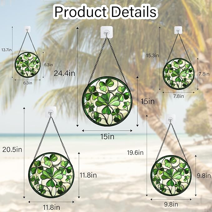 CRISGIF Stained Glass Window Hanging - Ireland Green Lucky Clover Suncatcher for Doors Garden St. Patrick's Day Sun Catchers Decor Mother's Day Birthday for Women Men Mom Nana 11.8 in