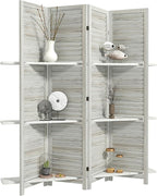 HOMCOM Room Divider, 4 Panel 67" Tall Wood Privacy Screen with 3 Display Shelves, and Folding Storage for Bedroom or Home Office, Distressed White