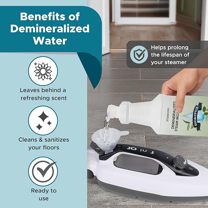 Steam and Go Demineralized Water - Multi-Surface Cleaning Solution for Steam Mop, Ready-to-Use Floor Cleaner, Ideal for Home & Office, Compatible w/Any Steam Mop - Eucalyptus Mint, 32oz, Pack of 12