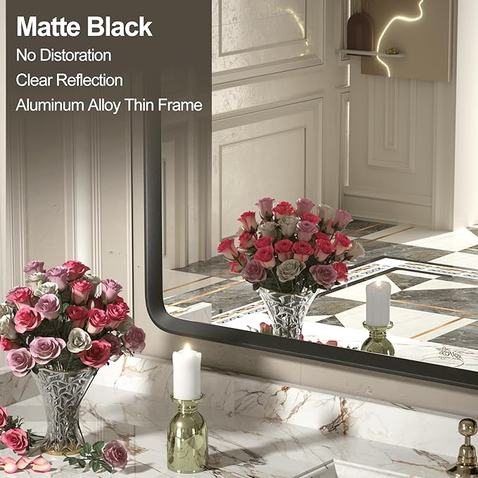 60x36 Black Matte Bathroom Mirror, Large Metal Framed Black Bathroom Vanity Mirror for Wall, Rounded Corner Rectangle Mirror, Anti-Rust, Shatterproof (Horizontally/Vertically)