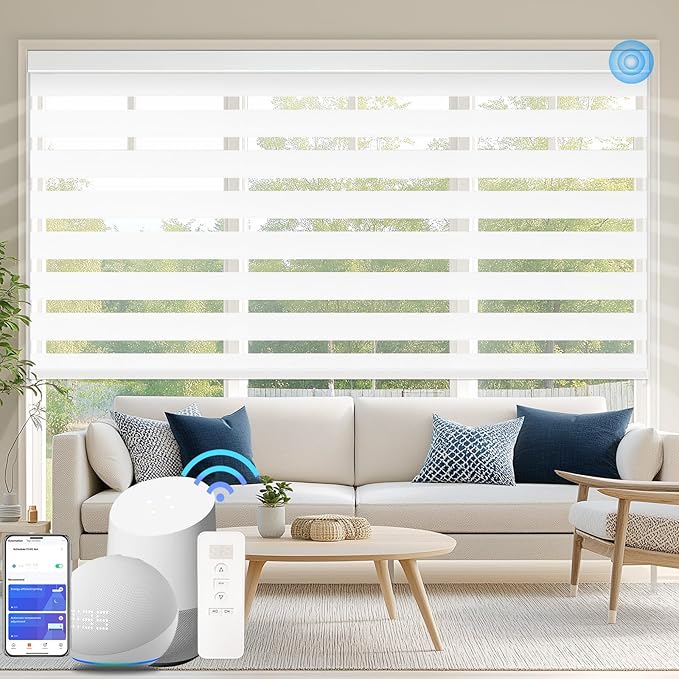 COOLWINDS Motorized Zebra Blinds for Windows Cordless Electric Curtains with Remote Control Blackout Shades Custom Smart Blinds Compatible with Alexa Google Home(Blackout White,W52 X 72in)