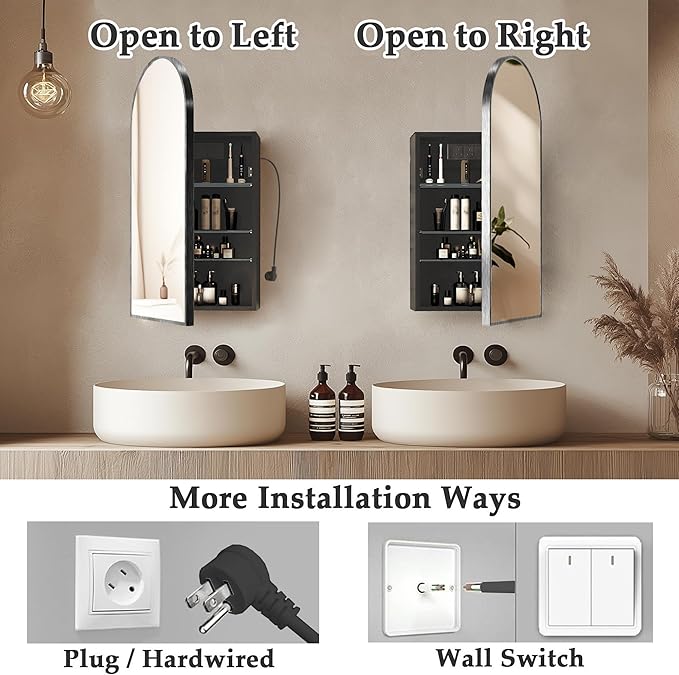 16x 32 inch Bathroom Cabinet with Mirror,Black Arched Medicine Cabinet with Outlets,Vanity Mirror with Storage,Metal Framed Wall Mounted Medicine Cabinet with Adjustable Shelf