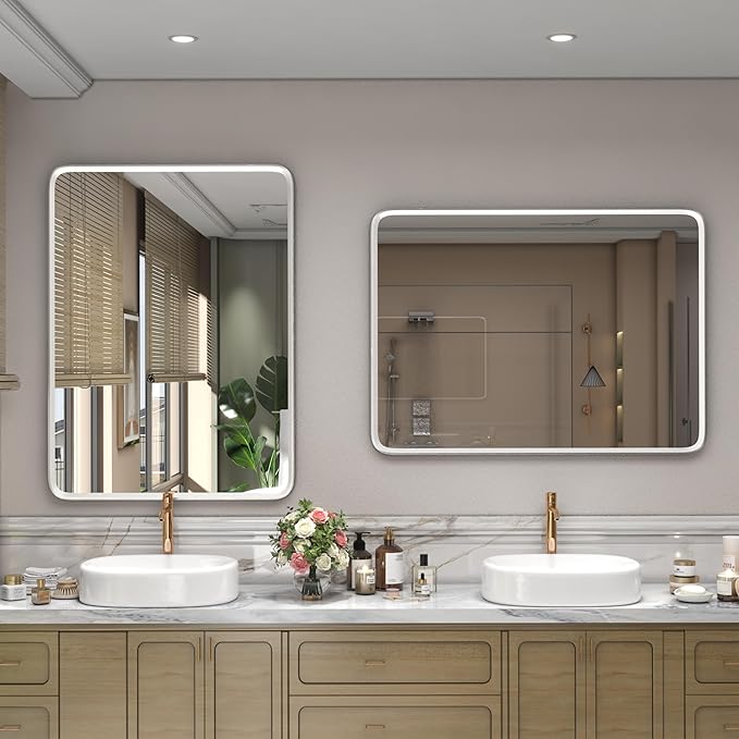 30x36 Inch Silver Bathroom Mirror, Brushed Silver Metal Frame Mirror, Rounded Rectangle Bathroom Vanity Mirror, Shatterproof, Anti-Rust (Horizontal/Vertical)