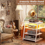 Armocity 4-Tier AV Media Stand with Power Strips, Stereo Stand with LED Lights, Audio Tower Rack with Adjustable Shelves, Small Entertainment Center, 30'', White