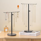 Josmimic Black Necklace Holder Jewelry Organizer Stand – Adjustable Height T‑Bar Jewelry Display with Dark Gray Marble Base, Necklace & Bracelet Holder, Countertop Jewelry Rack