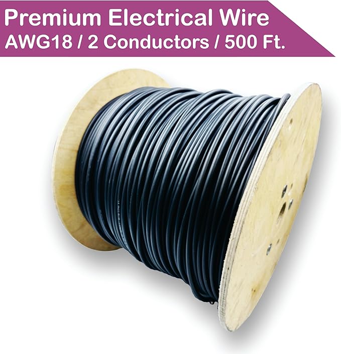 NATIONAL Wire & Cable – 18 AWG 2-Conductor Premium Copper Wire, 500 ft, Stranded | Made in USA, Flexible Jacket | LED Strips, Electronics, Low Voltage, DIY Projects, Indoor and Outdoor Use