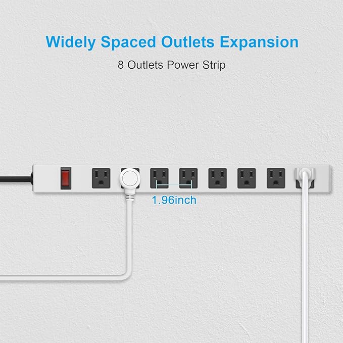JUNNUJ Metal 8 Outlet Power Strip, Mountable Heavy Duty Power Strip, 1200J Surge Protector Wall Mount Screws Outlet with Switch, Gaming Desk Strips Wide Spaced 15A 125V 1875W, 3 FT 14AWG Power Cord