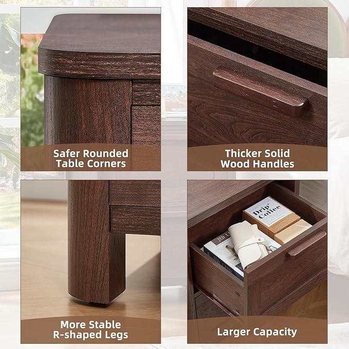 Joaxswe Farmhouse Nightstand with Charging Station, End Tables Bedroom with 2 Large Drawers & 4 Thickened Table Legs, Walnut