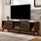 LKTART 68 Inch Mid Century Modern TV Stands with Rattan Doors, MCM Entertainment Center Media Console for 60/65/70/75 inch TVS, Long Boho Television Stand for Living Room, Dark Walnut