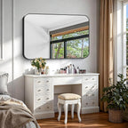 Black Bathroom Mirror, 28x42 inch Aluminum Metal Frame Rectangular Vanity Mirror, Wall Mounted Rectangle Mirrors with Rounded Corner for Bedroom Living Room Hangs Horizontal Or Vertical