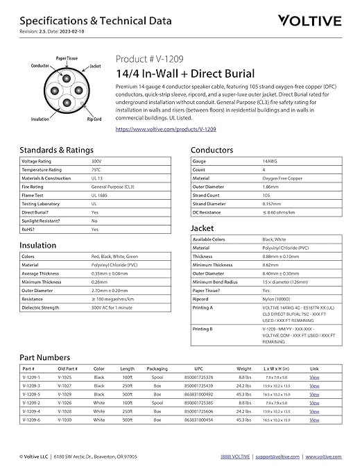Voltive 14/4 Speaker Wire, in-Wall CL3 & Direct Burial, Black, 100ft - 14AWG, 4 Conductors, Stranded Oxygen-Free Copper, UL Listed - V-1209-1