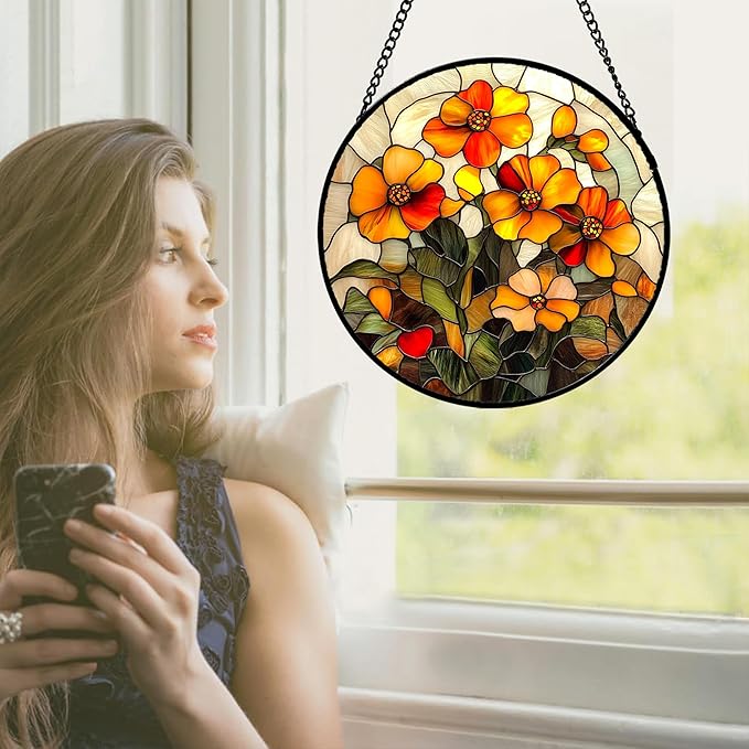 CRISGIF Stained Glass Window Hanging - Orange Marigolds Flowers Suncatcher for Door Garden Yard Sun Catchers Decor Christmas Mother's Day Birthday Gifts for Women Mom Nana Girlfriend Men 9.8 in