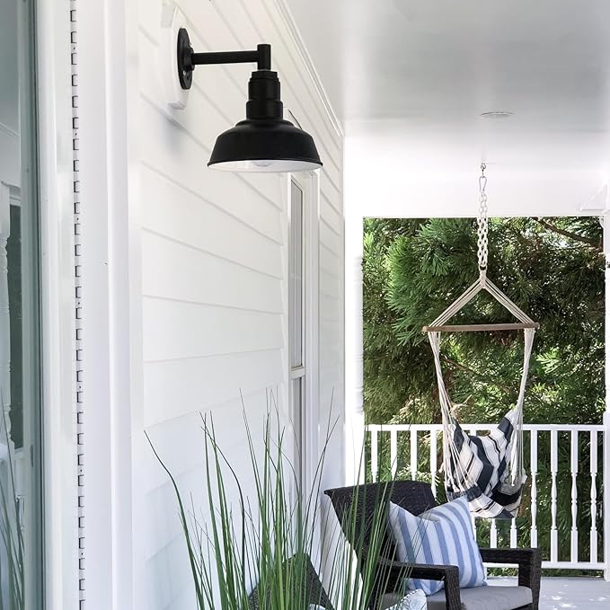 Steel Lighting Co. Hawthorne Barn Light | Outdoor Wall Mounted | 8 inch Dome | 23 inch Gooseneck| Small Farmhouse Light Made in America | Matte Black Exterior/Brass Interior
