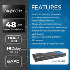 OREI 4-Port eARC 8K Audio Extractor 4x1 Switch for Monitors TVs, Extract Dolby Atmos to Convert Sound bar 4K @ 120hz 18G ARC HDCP 2.3 Perfect for 8K Displays, CEC, Remote Control Works for Sonos Bose