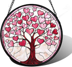 DASTOLL Stained Glass Window Hanging, Pink Love Heart Tree Suncatcher Hangings Beige Sun Catchers Decor for Birthday Holiday for Women, Men, Wife, Aunt, Mom 9.8IN