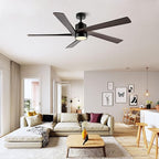 WINGBO 72 Inch DC Ceiling Fan with Lights and 3 Downrods, 5 Reversible Carved Wood Blades, 6-Speed Noiseless DC Motor, Large Ceiling Fan in Matte Black Finish with Walnut Blades, ETL Listed