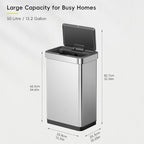 EKO EcoNova 13.2 Gallon/ 50L Automatic Sensor Kitchen Trash Can, Stainless Steel Touchless Garbage Bin with Soft-Close &Stay-Open Lid, Fingerprint-Resistant