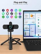 RUWBY UHD 4K Webcam with Built-in Dual Mics, Wide-Angle Lens, Privacy Cover, Tripod Stand, Autofocus Computer Camera, Plug and Play for Desktop PC or Laptop
