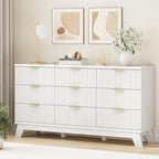 Xixini Fluted Dresser for Bedroom with 9 Drawers, 57" Wide Modern Chest of Drawers with Metal Handle, Wooden Dresser TV Stand, Wood Closet Clothes Storage Organizer for Living Room, Hallway, White