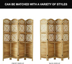 Svimi Room Divider with Shelves, 68.9inch Wood Carved and Louvered Wall Divider Freestanding, 4 Panels Folding Partition Screen for Bedroom Home Office (Natural)