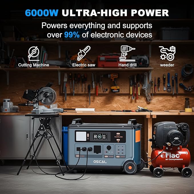 OSCAL 7200Wh Portable Power Station PowerMax 6000 with 400W Solar Panel, 120/240V Solar Generator, Max 6000W AC Outlets (9000W Peak), LiFePO4 Battery Power Station for Home, Camping, RV, Emergency