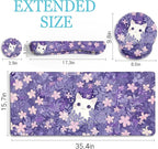 LIMKRIAN Purple Mouse Pad Large Desk Mat Set, Kawaii Cat Computer Mouse Pad with Wrist Rest Keyboard Wrist Support XXL Mousepad Cup Coaster Set, Cute Purple Office Desk Accessories Cat Decor Supplies