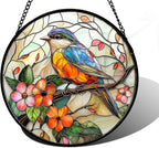 DASTOLL Stained Glass Window Hanging, Blue Bird Pink Flower Suncatcher Diamond Glass Panel Bird Sun Catchers Decor for Birthday for Women, Men, Wife, Aunt, and Mom 9.8 in
