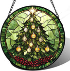 DASTOLL Stained Glass Window Hanging - Green Christmas Tree Golden Bells Suncatcher for Doors Home Christmas Decoration Sun Catcher Thanksgiving New Year Birthday Gift for Women Men Mom Nana 15 in