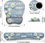 Mouse Pad Wrist Support and Keyboard Wrist Rest Set with Coasters, Dreamy Daisy Vintage Wood Board Live Love Laugh with Non-Slip PU Base Ergonomic Mousepad for Home Office Working Studying