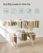 SONGMICS Clothes Drying Rack, Foldable 2-Level Laundry Drying Rack, Free-Standing Laundry Airer, with Height-Adjustable Wings, 33 Drying Rails, Sock Clips, White and Green ULLR053C01V1