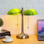 Newrays Green Double Head Glass Bankers Desk Lamp with Pull Chain Switch Plug in Fixture for Library, Office, Cafe