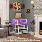 Armocity 4-Tier AV Media Stand with Power Strips, Stereo Stand with LED Lights, Audio Tower Rack with Adjustable Shelves, Small Entertainment Center, 30'', White