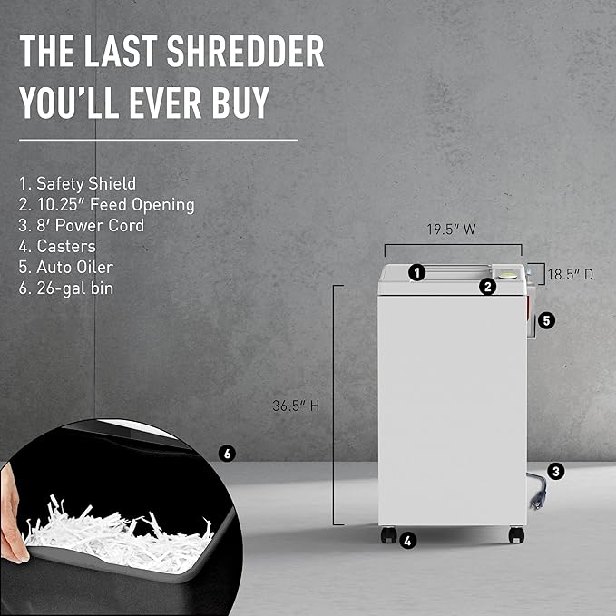 ideal. 2604 Cross-Cut Centralized Office Shredder with Automatic Oiler, Continuous Operation, 14 to 16 Sheet Feed Capacity, 26 gal Bin, Shred Staples/Paper Clips/Credit Cards/CDs/DVDs, P-5 Security