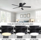 WINGBO 52" DC Flush Mount Ceiling Fan with Lights, 6-Speed Reversible DC Motor, 3CCT, Low Profile Hugger Ceiling Fan for Living Room Bedroom Kitchen, Black Finish and Black/Walnut Blades