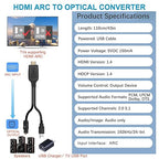192KHz HDMI ARC to Optical Audio Converter for TV to Soundbar, Plug & Play 3.4ft/1.05m ARC to Optical Cable Audio Extractor Adapter Splitter for Sound System Speaker Home Theater Support Dolby/DTS 5.1