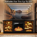 VITESSE 58 Inches Fireplace TV Stand for TVs up to 65 Inches Console with 18'' Electric Fireplace & Remote,Wooden Modern Entertainment Center for Living Room with LED Light Glass Shelves（Black）