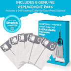 Simplicity Vacuums S26HC-6 HEPA Vacuum Bags with HEPA Media for S26 Premium Allergy Upright Vacuum Cleaner, Charcoal-infused, Drop-in Bag, Sealed HEPA System
