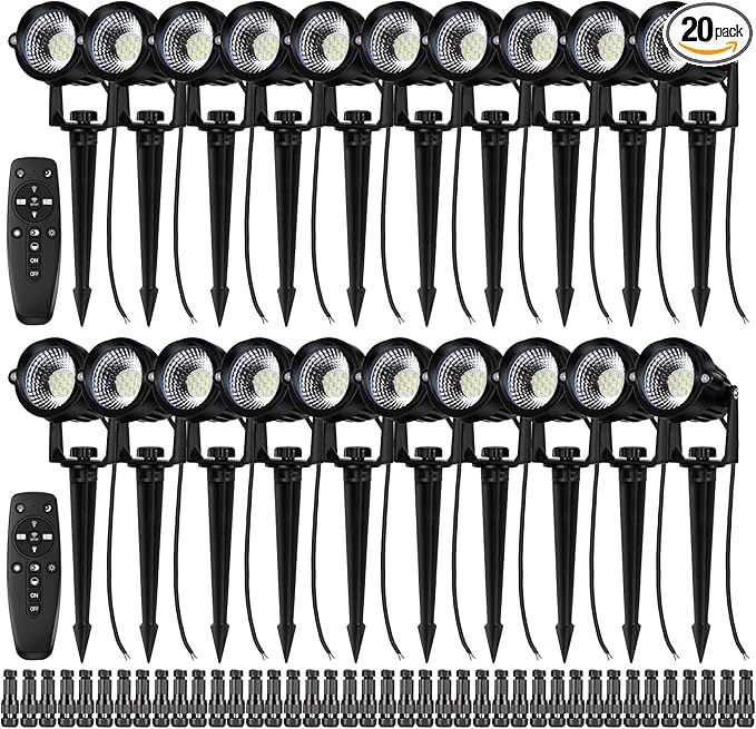 Motrackcao 20 Pack 12W Dimmable LED Landscape Lights, IP67 Waterproof Landscape Lighting with Remote 2700K-6500K Color Adjustable, 12V-24V Low Voltage Outdoor Spotlights for Garden Pathway Yard Patio