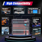 8 Channel Audio Mixer, Professional Audio Mixer with Bluetooth, 48V Phantom Power for Studio Recording, Karaoke and Live Performances