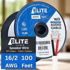 Elite 16/2 Speaker Wire 100ft, UL Listed, CMR/CL3R, (Riser/in-Wall & Outdoor/In-Ground (Direct Burial)- 100% Oxygen Free Pure Bare Copper (OFC), 16AWG/2-Conductor, 100ft Bulk Cable (65 Strands) White