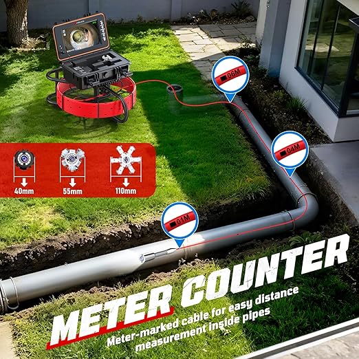 HBUDS Sewer Camera, Self Leveling Drain Camera 230ft with Meter Counter, 7mm Thick Cable, 9" HD Screen 1080P Plumbing Cameras Snake with Light, 5100mAh Battery Duct Pipe Video Inspection Cam DVR 32GB