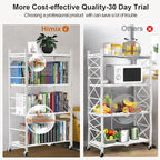 Himix Storage Shelves with 20 Hooks, 4-Tier Foldable Shelves for Storage, Folding Shelf Unit Pantry Shelves with Wheels, Metal Shelving Storage Rack Shelf for Kitchen Garage Home, White - No Assembly