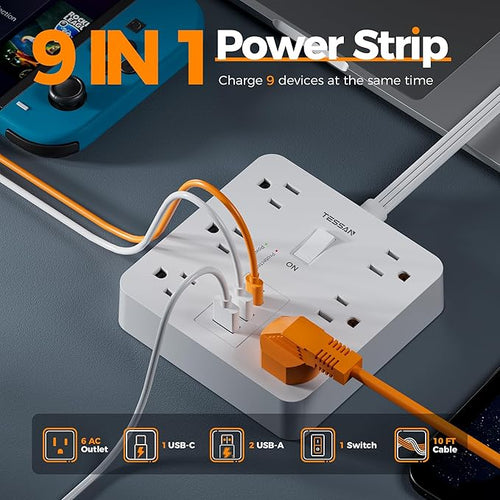 1700J Surge Protector Power Strip, TESSAN 10Ft Extension Cord with Multiple Outlets, Outlet Extender with 6 AC, 3 USB Ports(1 USB C), Charging Station for Home Office Dorm Room Essentials, White