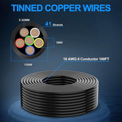 NAOEVO 18 Gauge Wire 6 Conductor Electrical Wire, 18 AWG Stranded PVC Cord, 12V Low Voltage/Tinned Copper/Flexible Cable for Automotive Wiring, Lamp Cord, Marine Cable (100FT)