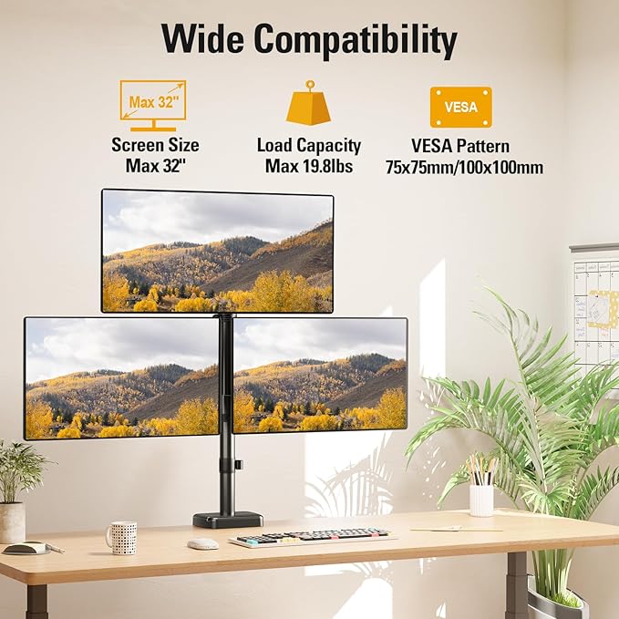 DreamAxis Triple Monitor Mount up to 32" Computer Screen, up to 19.8lbs Each, Adjustable 3 Monitor Stand with Clamp & Grommet Kit, Gas Spring Arm with Tilt Swivel Rotate, VESA Mount 75x75/100x100mm