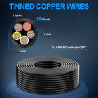 NAOEVO 16 Gauge Wire 5 Conductor Electrical Wire, 16 AWG Stranded PVC Cord, 12V Low Voltage/Tinned Copper/Flexible Cable for Automotive Wiring, Lamp Cord, Marine Cable (30FT)
