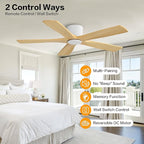 WINGBO 54" Flush Mount DC Ceiling Fans Without Lights, 5 Carved Solid Wood Blades, 6-Speed Reversible DC Motor, Low Profile Hugger Ceiling Fan No Lights for Living Room Bedroom Patio, White and Oak